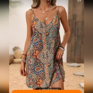 🥑NWT Colorful Summer Dress Vacation Dress Spaghetti Straps Mini Dress V-neck